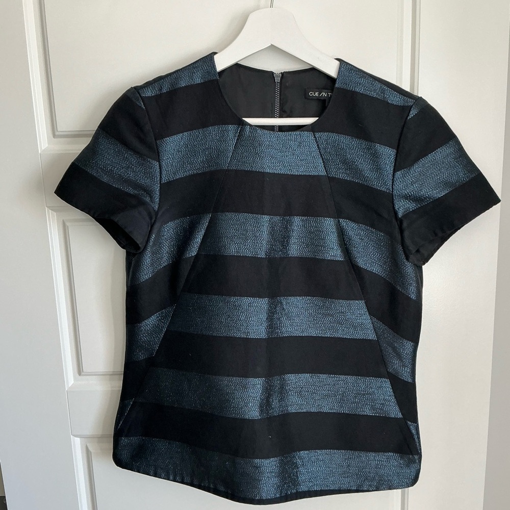 Cue in the City Black and Metallic Blue Stripe Short Sleeve Tee
